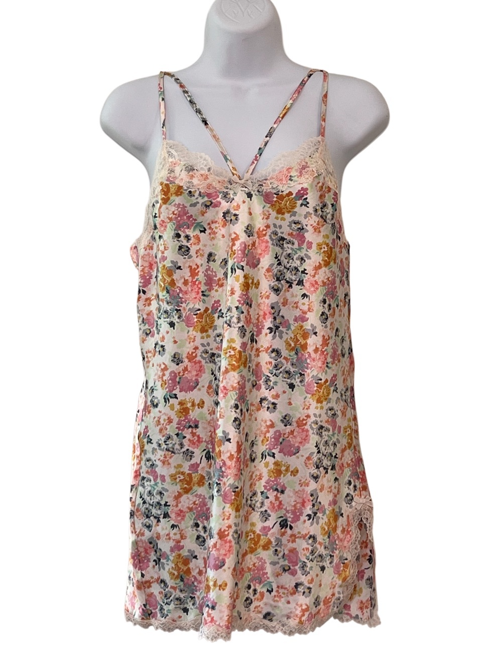 Victoria’s Secret Floral Satin Chemise Slip Dress Lace Trim Size Small
